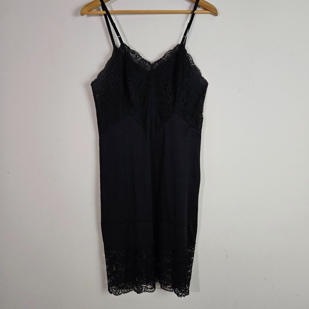 Vanity Fair Vintage Slip 36 Black Lace Trim 1950s Feminine Coquette Nylon